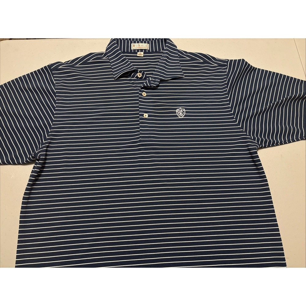 Men's Peter Millar Summer Comfort Polo Golf Shirt Logo Blue Striped Size L
